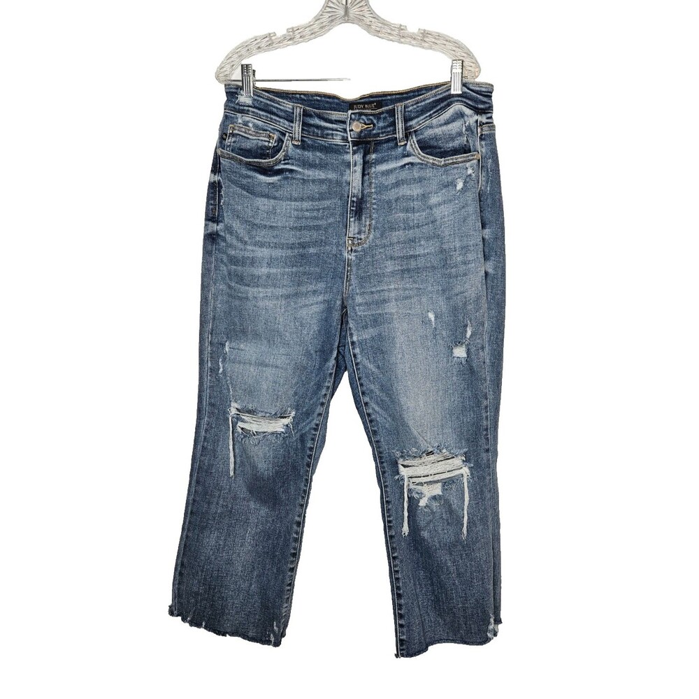 JUDY BLUE High Waist Destroy Wide Leg Jeans 14W Medium Wash Raw Hem Distressed